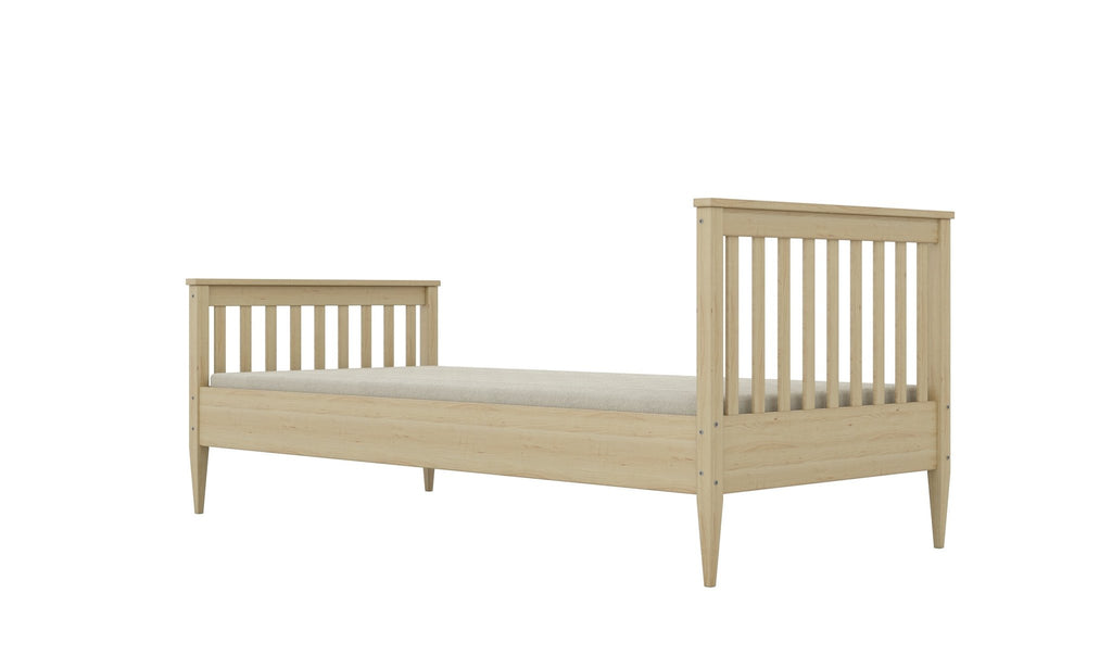 2. Natural finish wooden bed with slatted headboard and footboard angled view