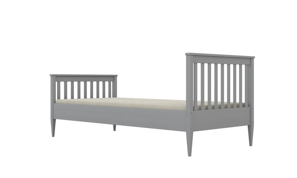2. Dark gray wooden bed with slatted headboard and footboard angled view