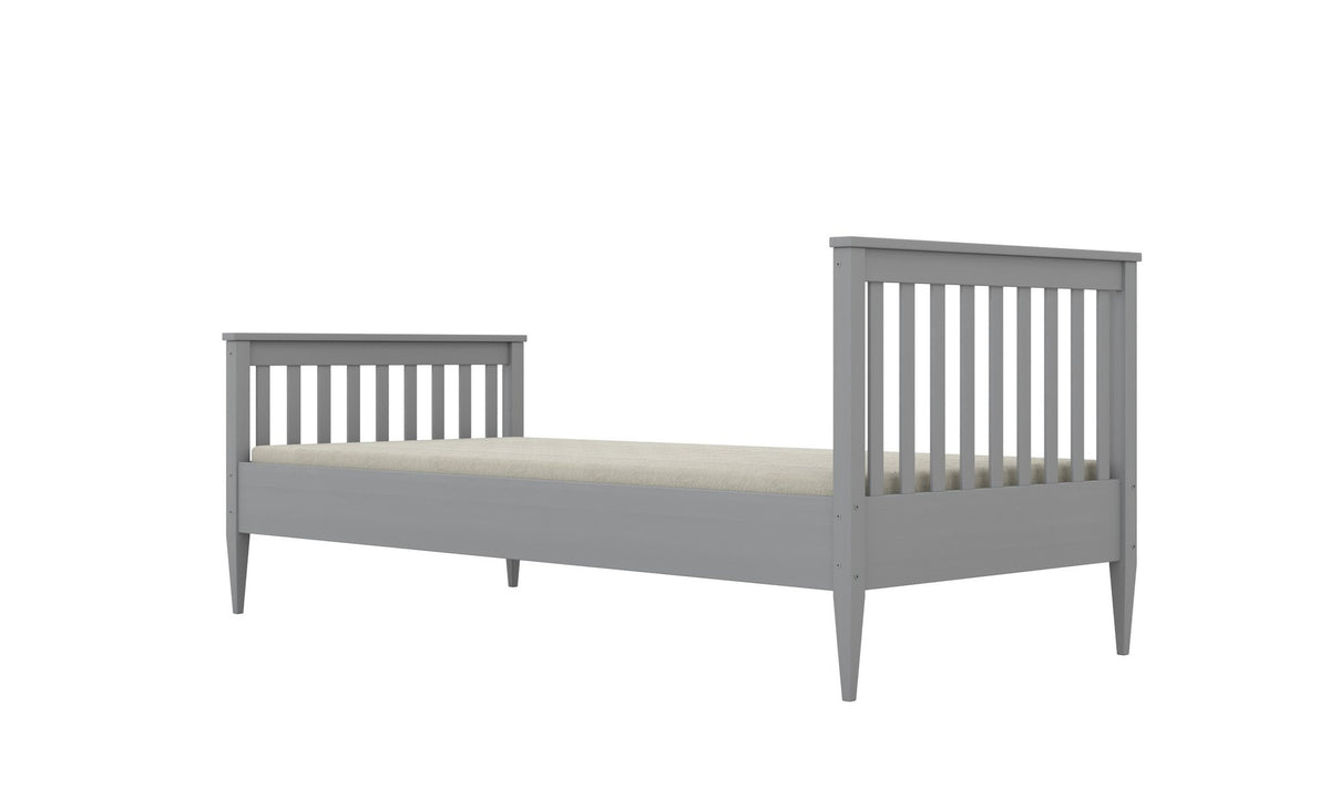 2. Dark gray wooden bed with slatted headboard and footboard angled view