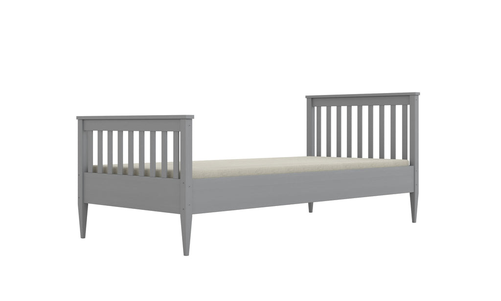 2. Dark gray wooden bed with slatted headboard and footboard angled view