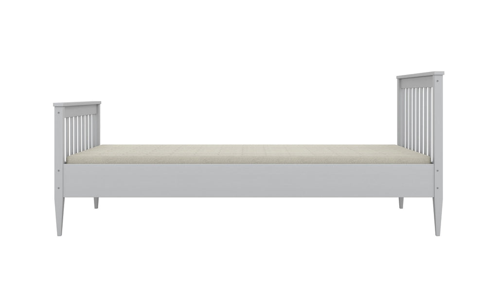 2. Gray wooden bed with slatted headboard and footboard on a white background