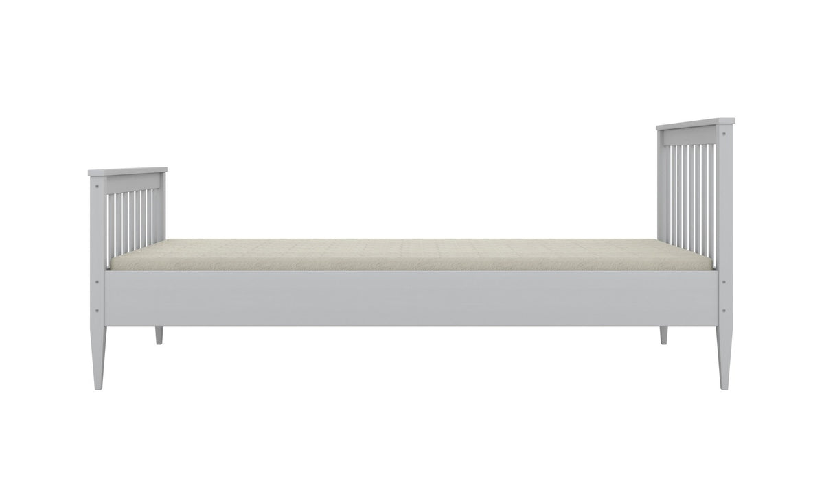 2. Gray wooden bed with slatted headboard and footboard on a white background