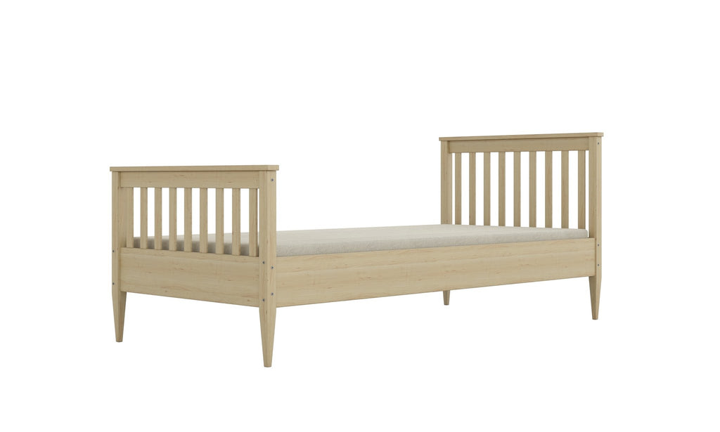 2. Natural finish wooden bed with slatted headboard and footboard angled view