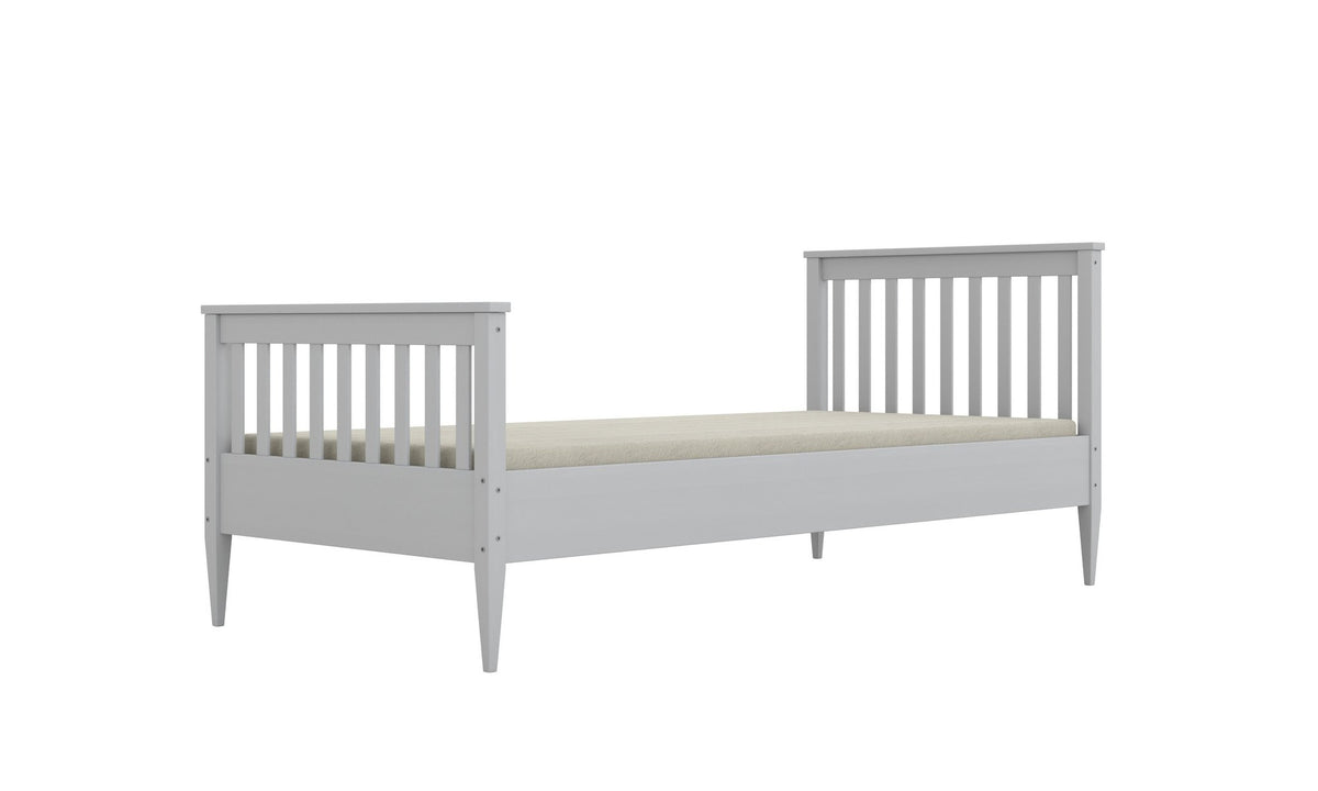 2. Gray wooden bed with slatted headboard and footboard angled view