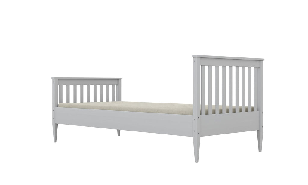 2. Gray wooden bed with slatted headboard and footboard angled view
