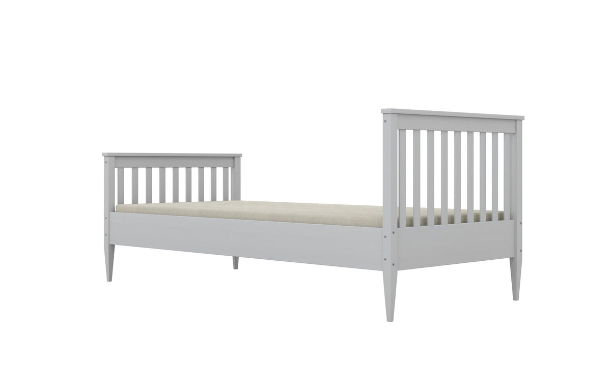 2. Gray wooden bed with slatted headboard and footboard angled view