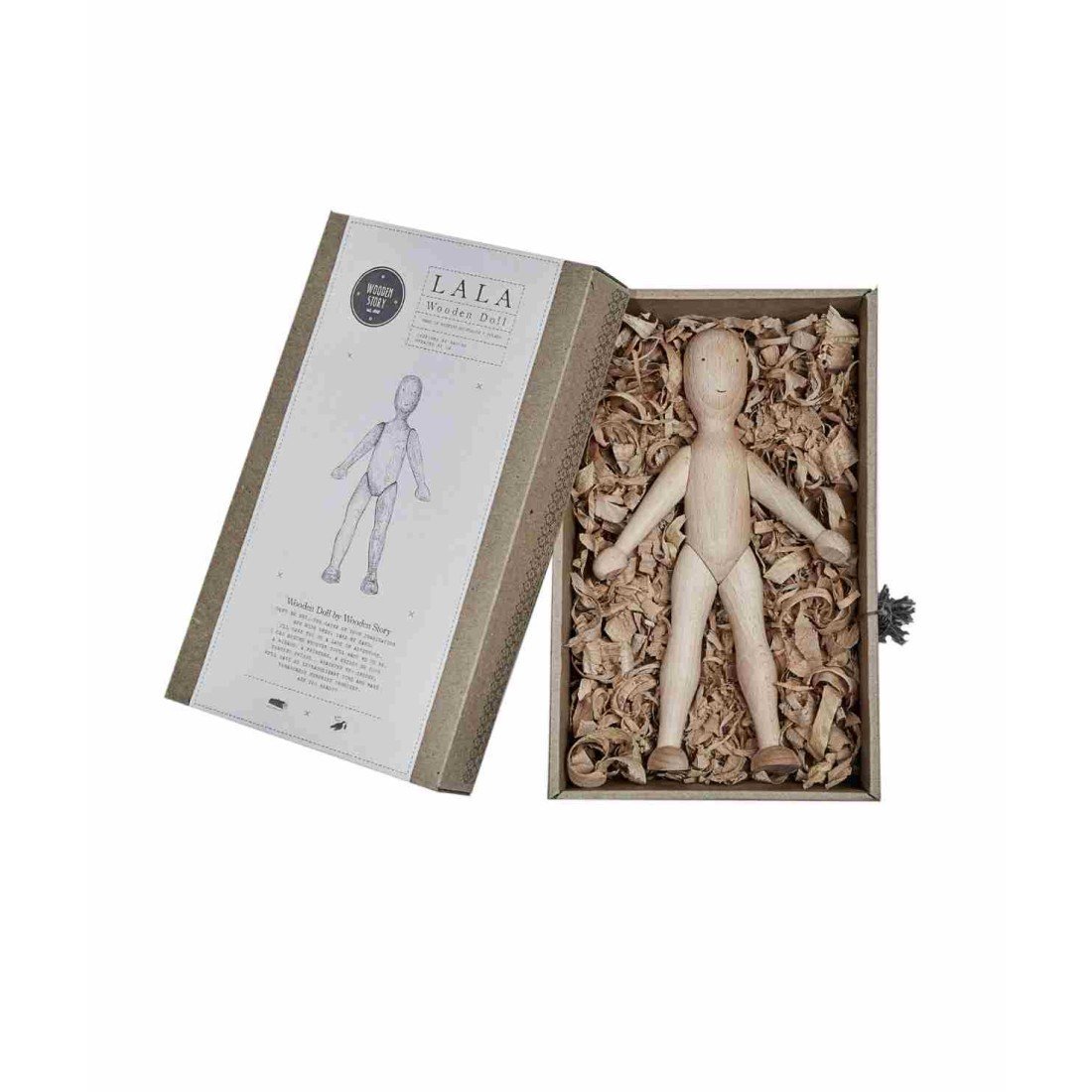 2. Wooden beech doll in a box with shredded paper packaging