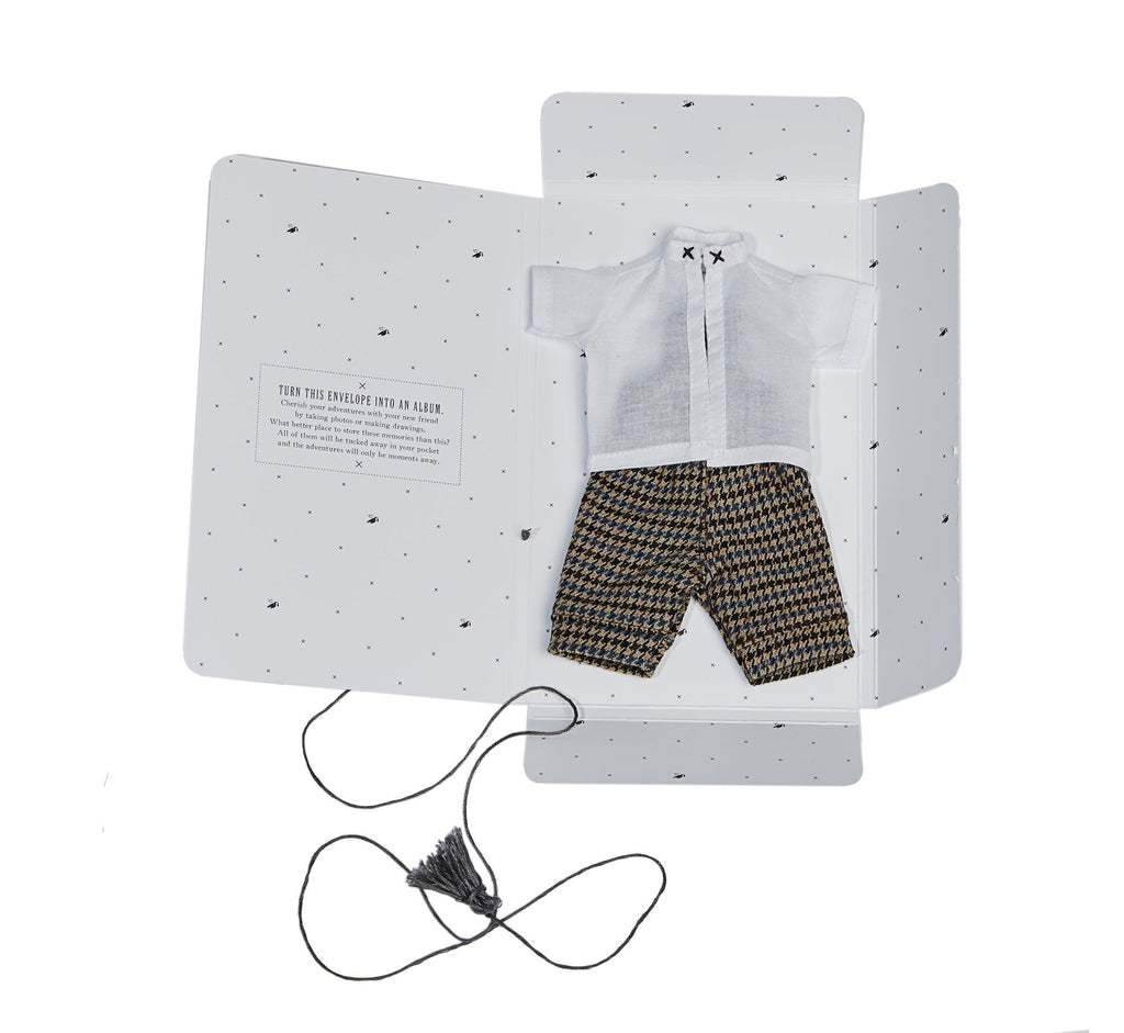 2. Wooden beech doll outfit with checkered pants in a white box