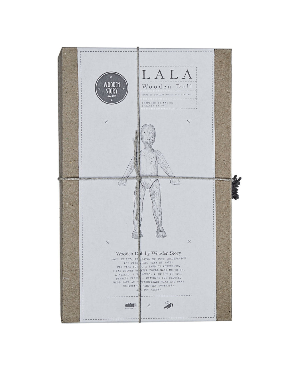 4. Closed packaging of Wooden Story doll with brand name on white cover tied with string