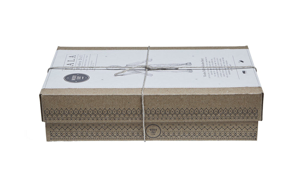 4. Side view of Wooden Story packaging box tied with string