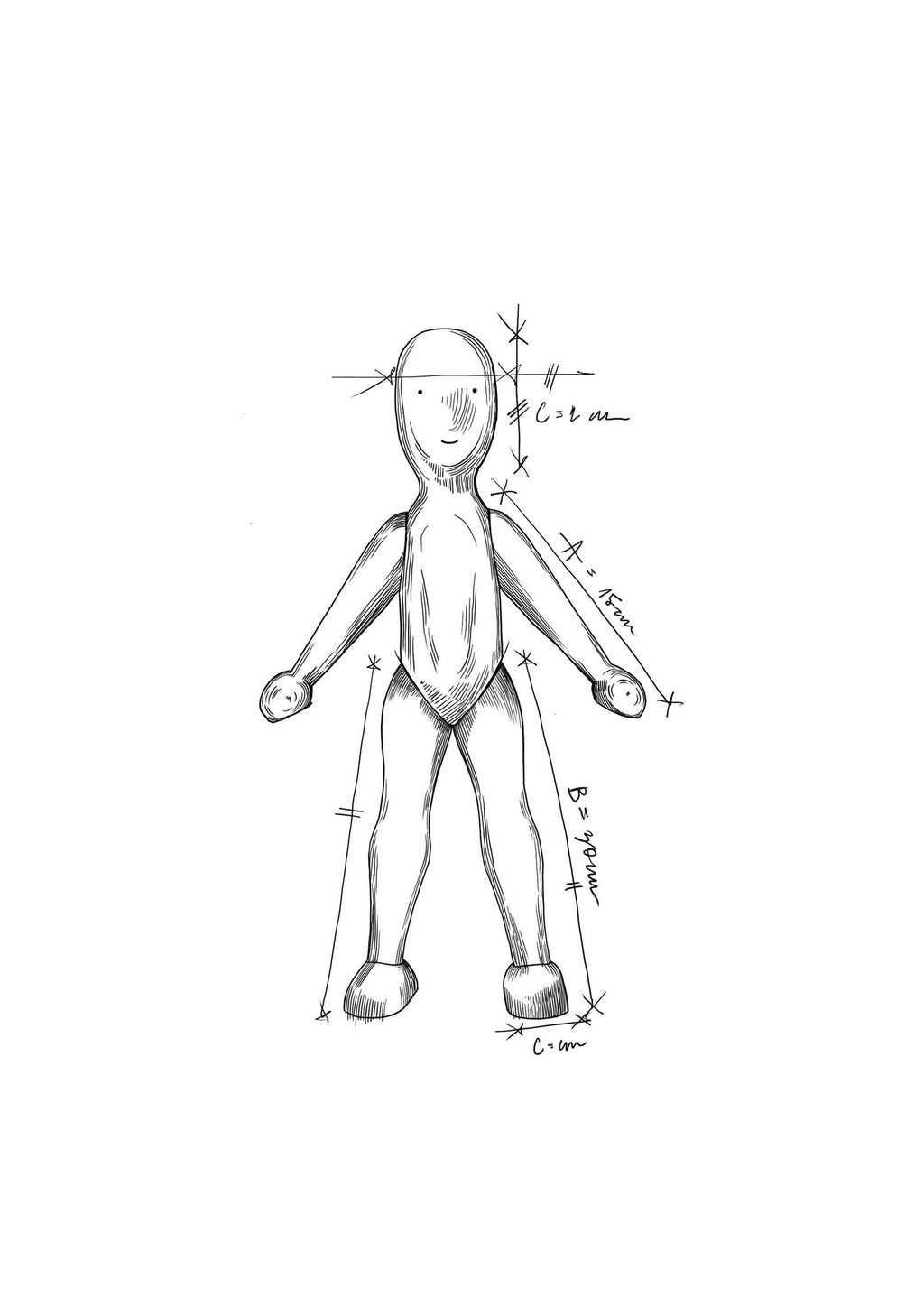 5. Size chart for wooden beech doll showing dimensions in centimeters