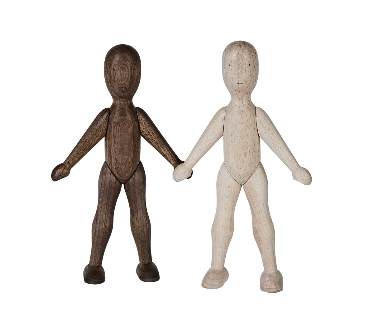 2. Two wooden beech dolls without clothes standing side by side