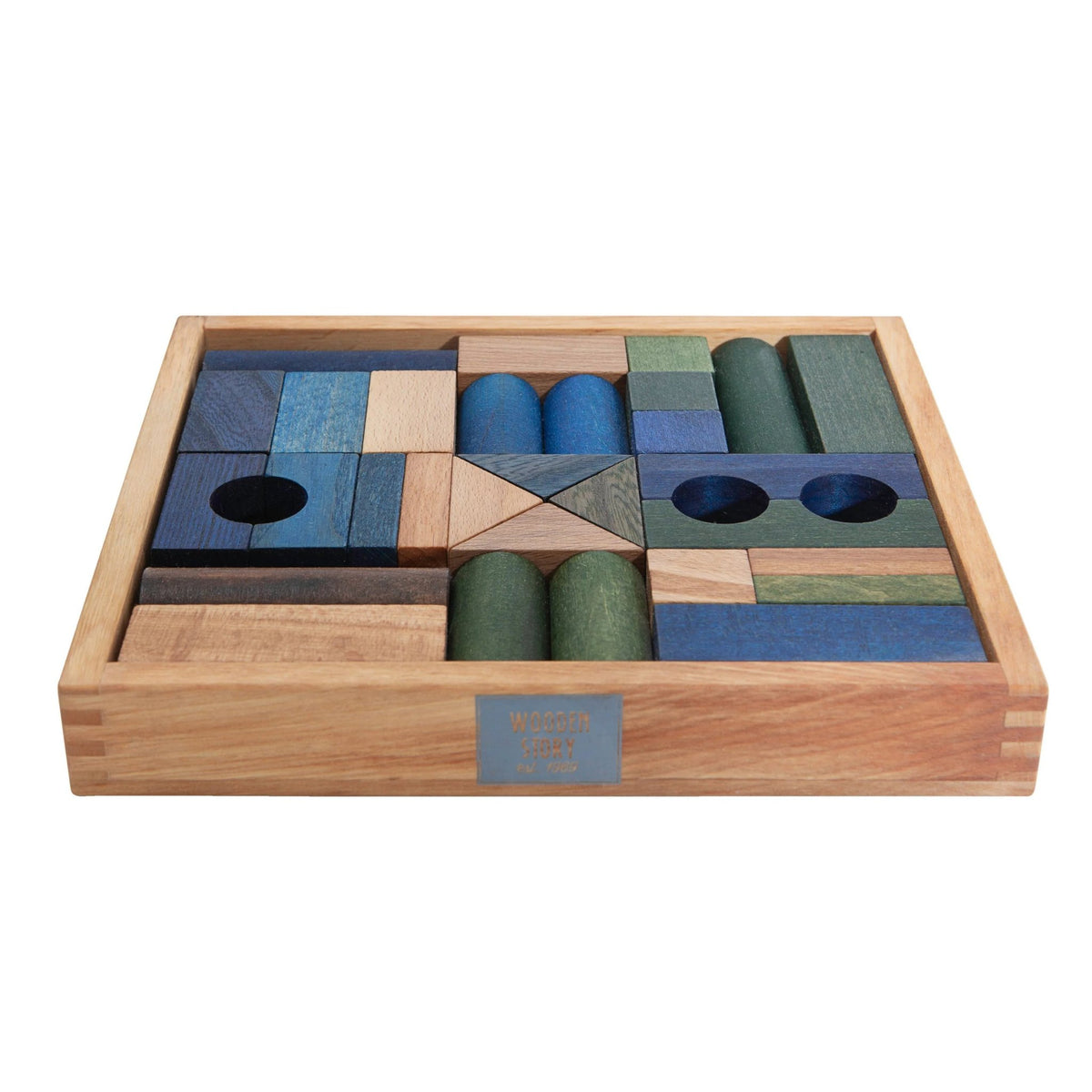 3. Side view of Wooden Story wooden blocks in a wooden box with visible brand logo