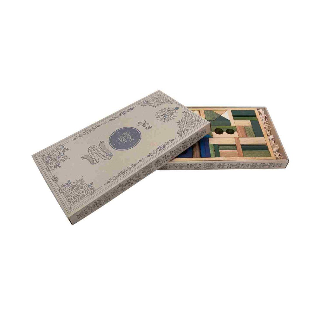 4. Wooden Story wooden blocks in a decorative cardboard box partially open showing blocks inside