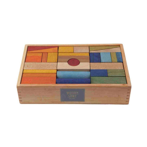2. Wooden Story colorful wooden blocks in a solid wood box, featuring shades of red, orange, and yellow, with a smooth finish