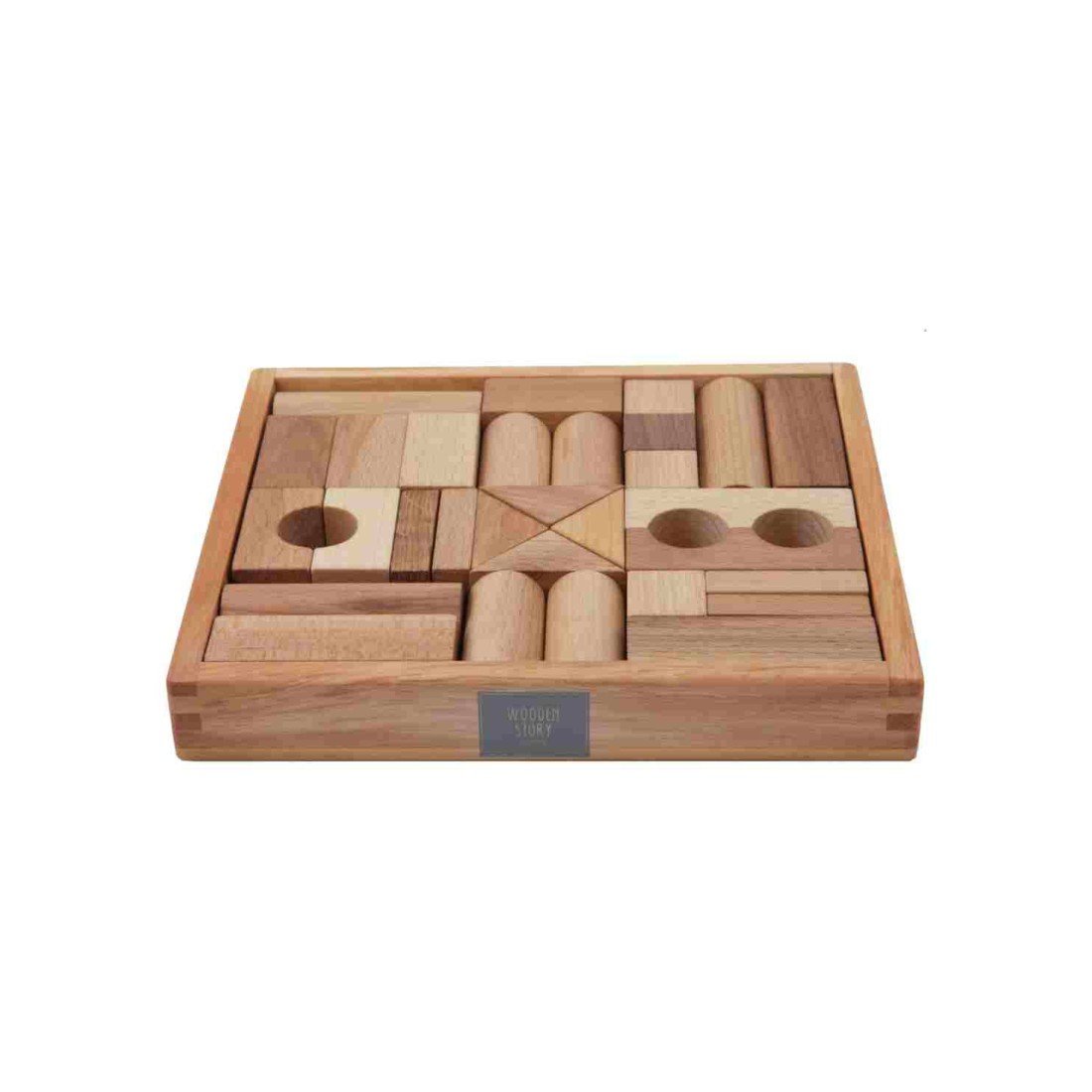 2. Wooden Story natural wooden blocks set in a solid wood box, showcasing various shapes and sizes on a clean white background