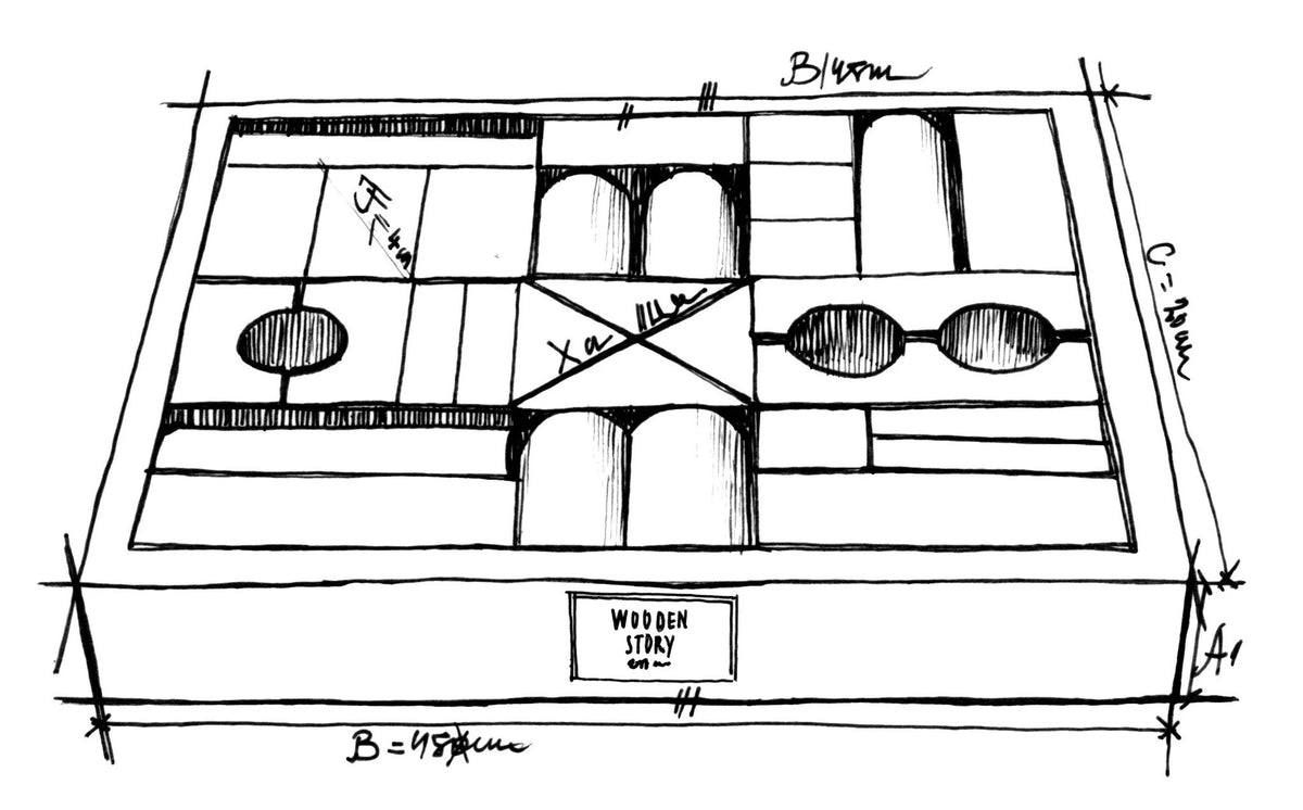 5. Size chart illustration for Wooden Story wooden blocks, showing dimensions and layout of pieces