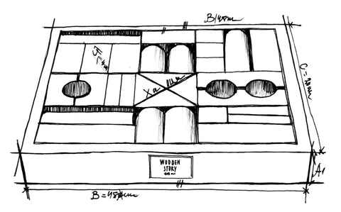 5. Size chart illustration for Wooden Story wooden blocks, showing dimensions and layout of pieces