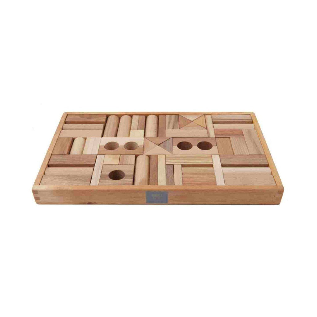 1. Wooden Story natural wooden blocks set of 54 pieces arranged in a solid wood box, showcasing various shapes and natural wood colors, ideal for creative play and motor skill development.