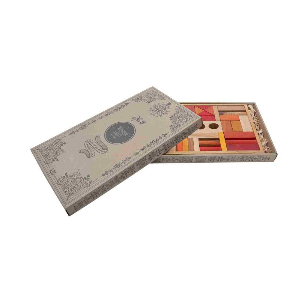 2. Wooden Story wooden blocks in a decorative cardboard box, showcasing warm colors of red, orange, and yellow, ideal for creative play
