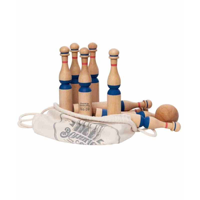2. Wooden bowling pins with blue accents partially placed in a cotton drawstring bag, showcasing eco-friendly packaging