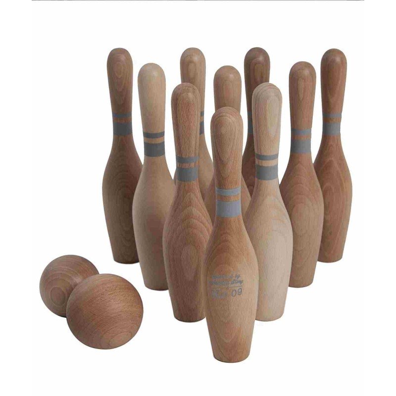 2. Set of ten natural wooden bowling pins with two balls on a white background
