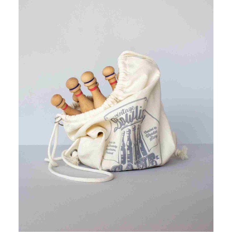 3. Cotton bag with wooden bowling pins partially visible, featuring vintage print design