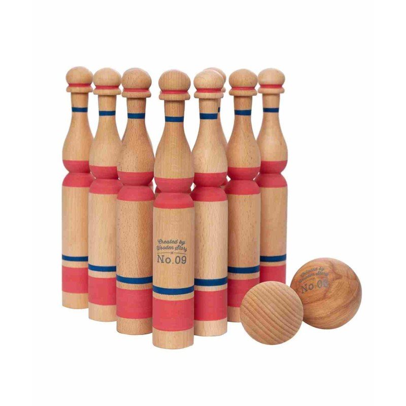 1. Set of ten red and natural wooden bowling pins with two balls on a white background