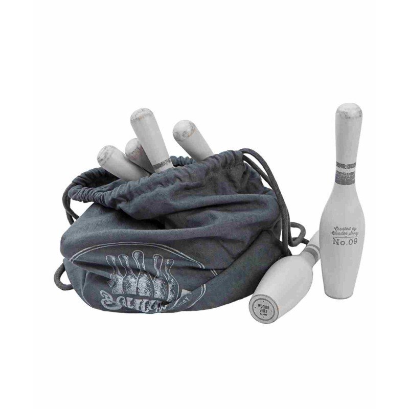 2. Wooden bowling pins and grey cotton bag with logo on a white background