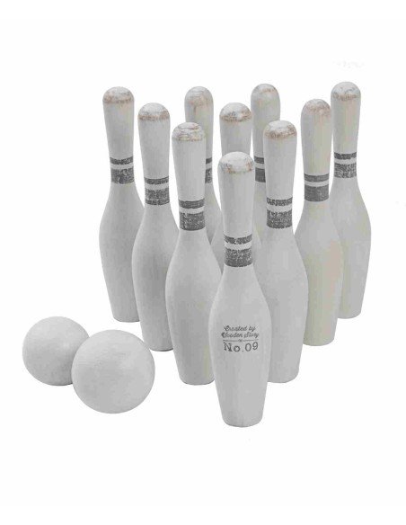 2. Set of ten white wooden bowling pins and two balls on a white background