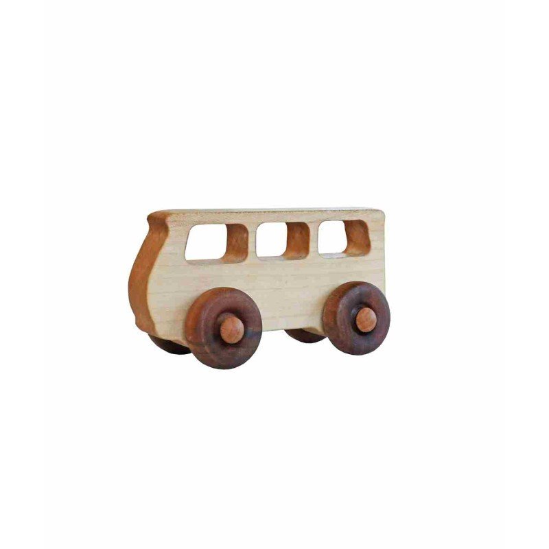 2. Wooden Story bus toy made from natural wood with smooth finish and moving wheels, shown on a white background
