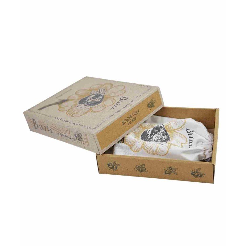 4. Wooden Buzz Spinner packaging with floral design and bumblebee illustration