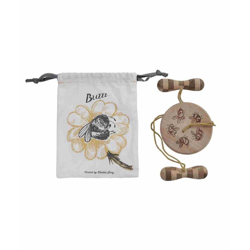 3. Wooden Buzz Spinner with bumblebee design next to a drawstring bag