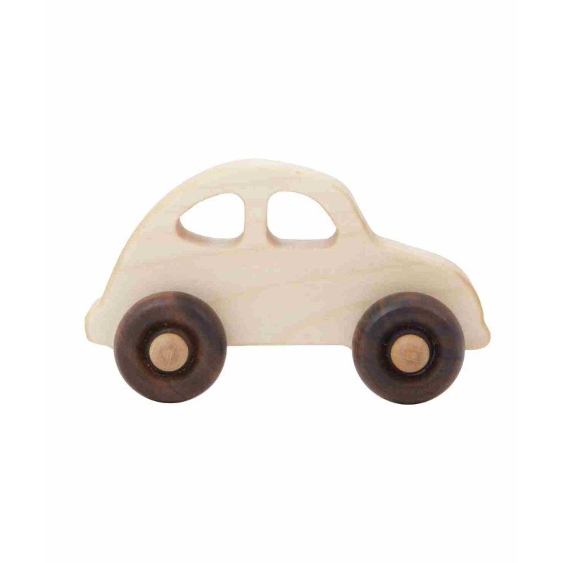 2. Studio shot of 1930s Wooden Story car toy with smooth light wood body and dark wheels