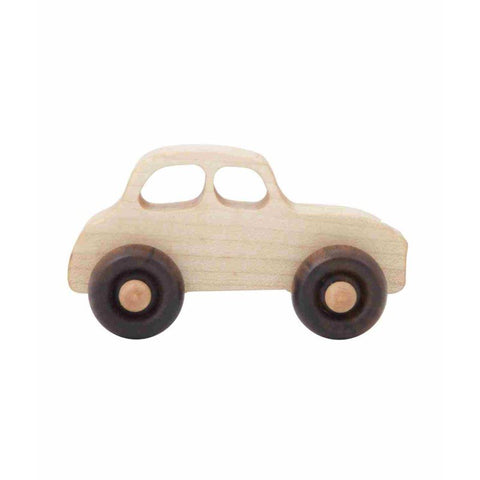 2. Studio shot of 1950s Wooden Story car toy with smooth natural wood finish and dark wheels