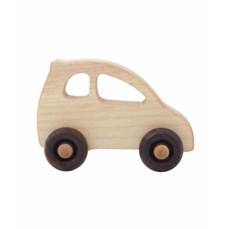 2. Eco-friendly wooden toy car with dark wheels on a white background, showcasing smooth finish and natural wood color