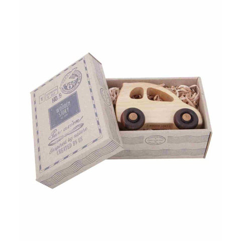 2. Eco-friendly wooden toy car in open cardboard box with vintage design, showcasing natural wood color and dark wheels