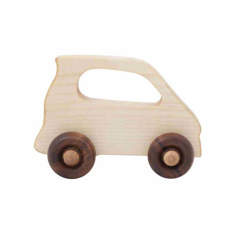 2. Studio shot of Wooden Story electric wooden car toy with smooth light wood finish and dark wheels