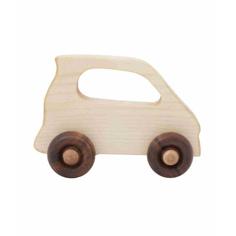 2. Studio shot of Wooden Story electric wooden car toy with smooth light wood finish and dark wheels