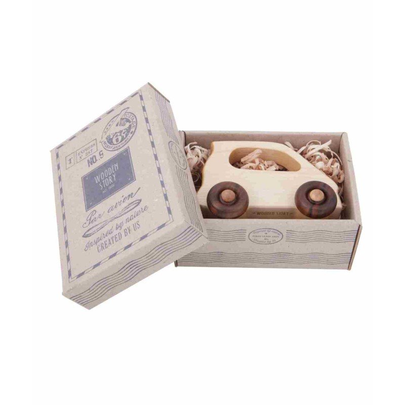 4. Wooden Story electric wooden car toy in open vintage-style packaging box with shredded paper