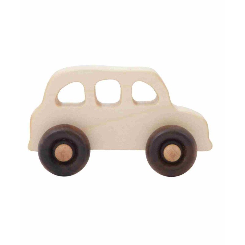 2. Wooden Story English taxi toy car with smooth natural wood finish and dark wheels on white background