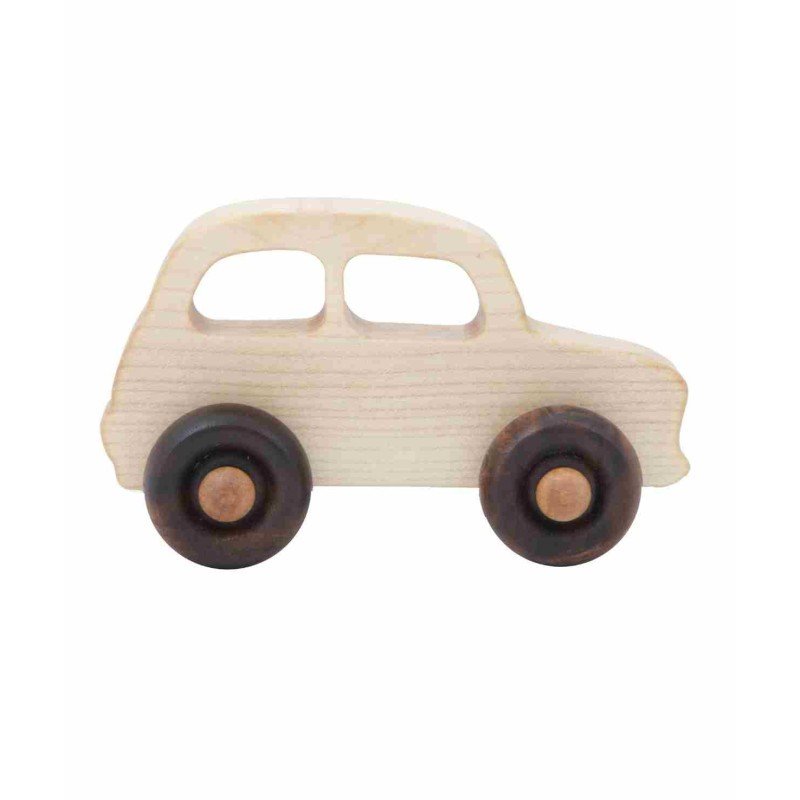 2. Wooden Story toy car made from natural wood with dark wheels on a white background