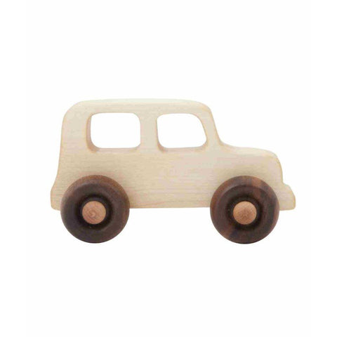 2. Wooden Story off-road toy car with smooth wooden finish and dark wheels on white background