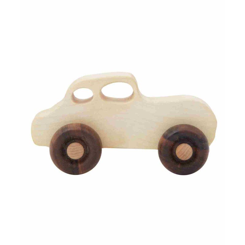 2. Wooden Story retro toy car with smooth natural wood finish and dark wooden wheels on white background