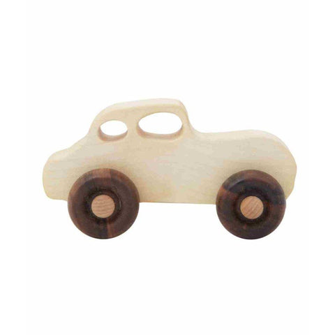 2. Wooden Story retro toy car with smooth natural wood finish and dark wooden wheels on white background