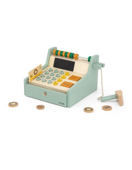 2. Wooden cash register with accessories including coins and card on a white background