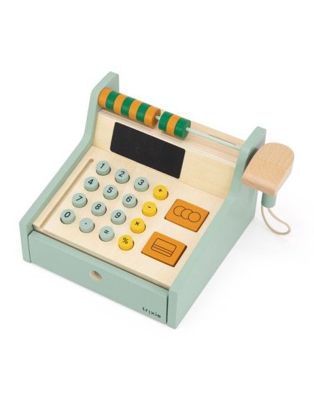 1. Wooden cash register with colorful buttons and abacus on a white background