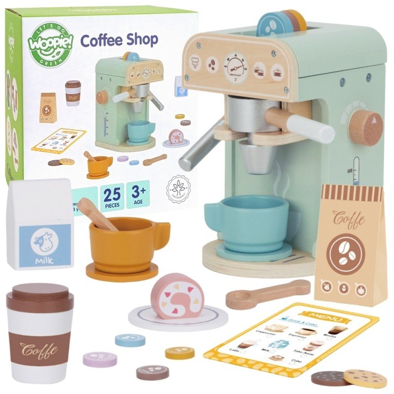 2. Woopie Green Coffee Shop set with coffee machine, pastries, and packaging on white background