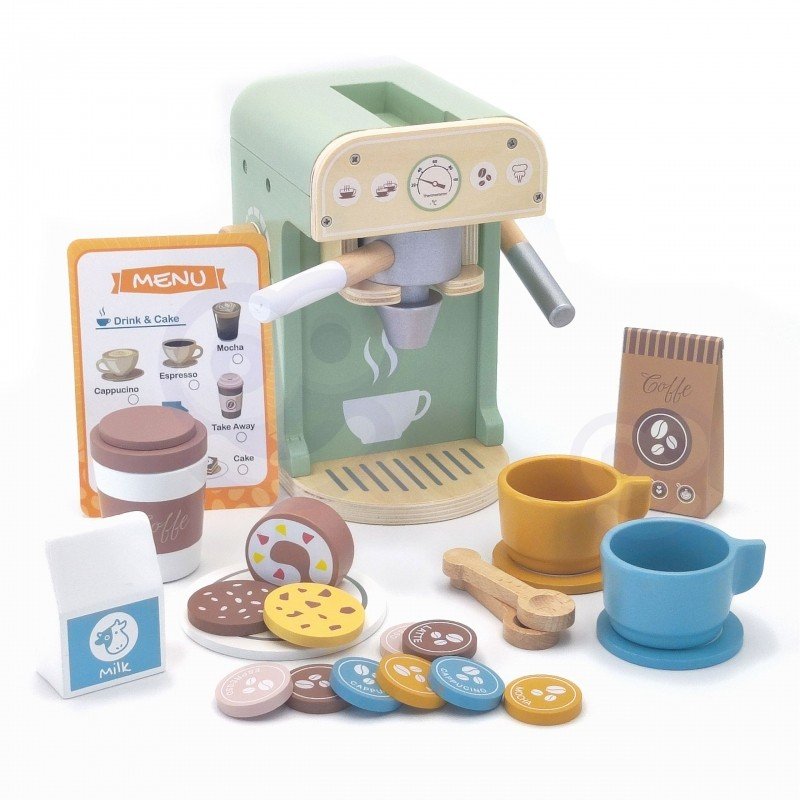 1. Woopie Green wooden barista set with coffee machine, cups, pastries, and accessories on white background