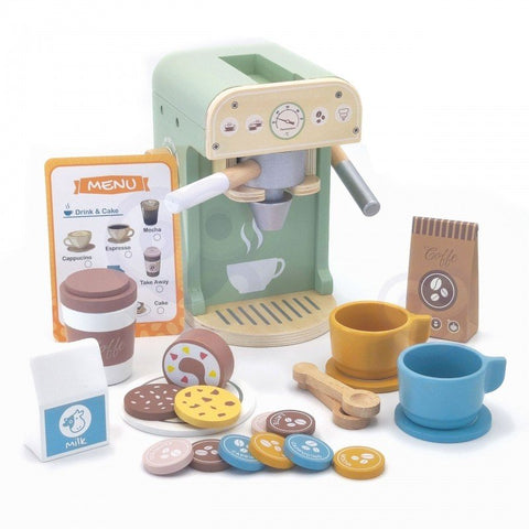 1. Woopie Green wooden barista set with coffee machine, cups, pastries, and accessories on white background